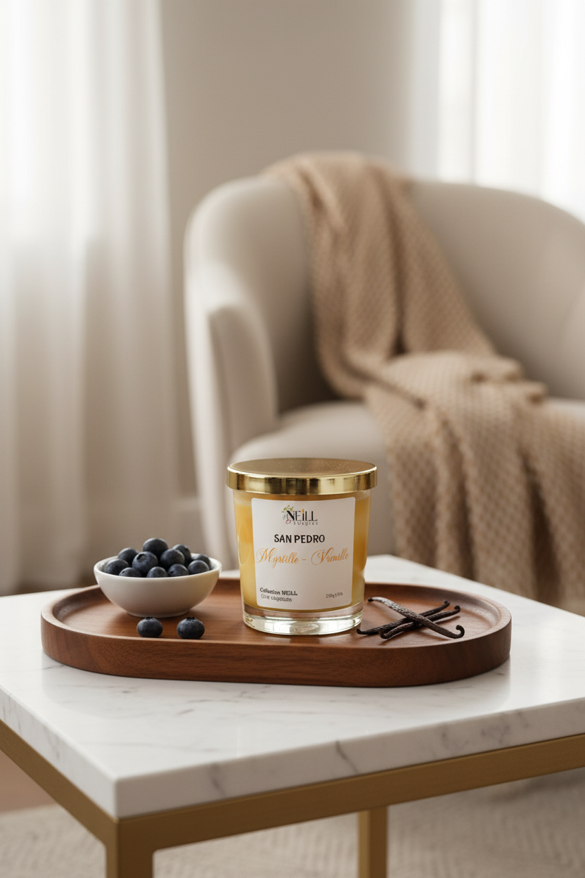 Bougie Artisanale parfumée à la Myrtille et Vanille -230g-Cire de Soja et Coco/Décor Marbrée Orange