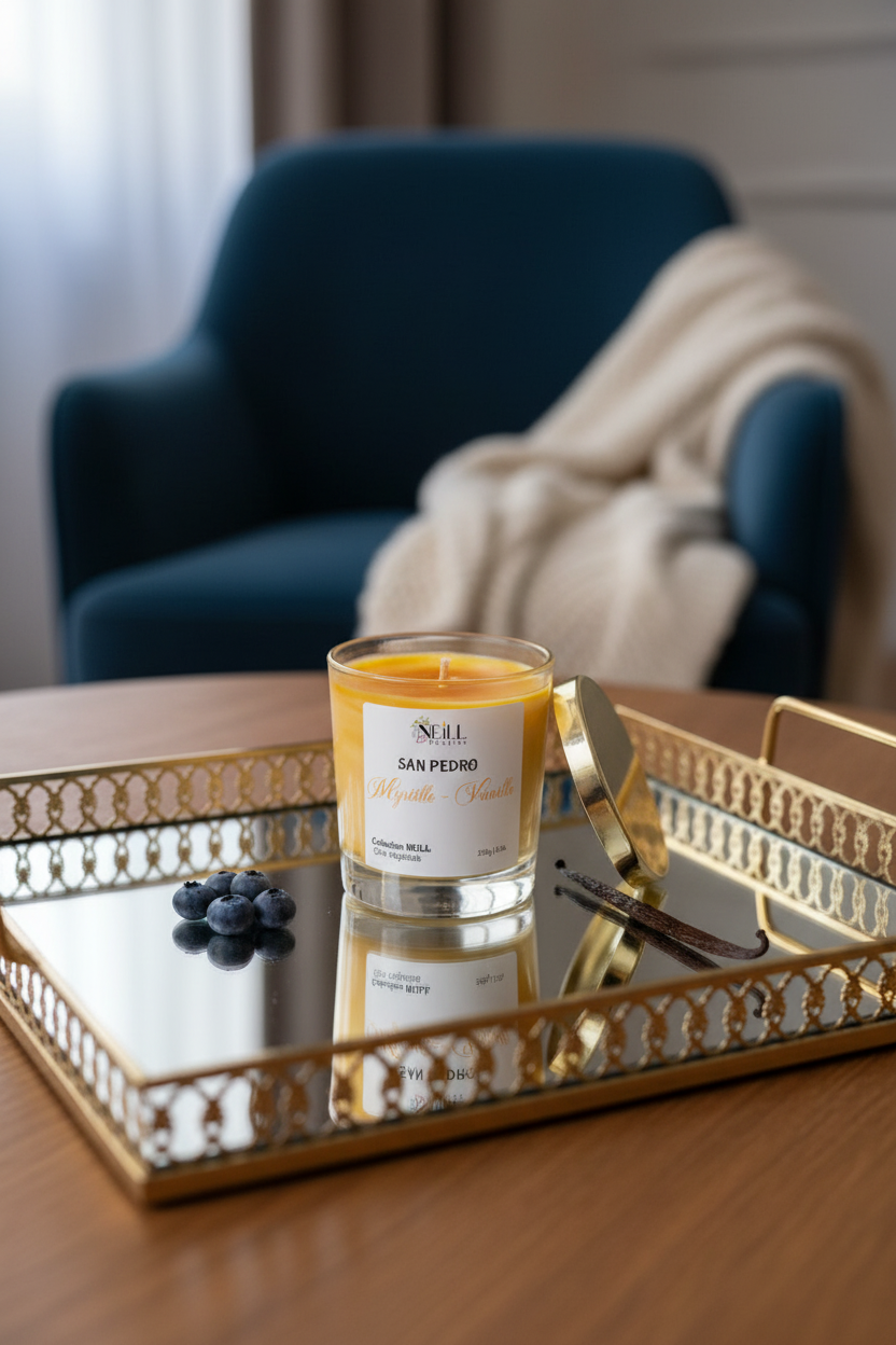 Bougie Artisanale parfumée à la Myrtille et Vanille -230g-Cire de Soja et Coco/Décor Marbrée Orange