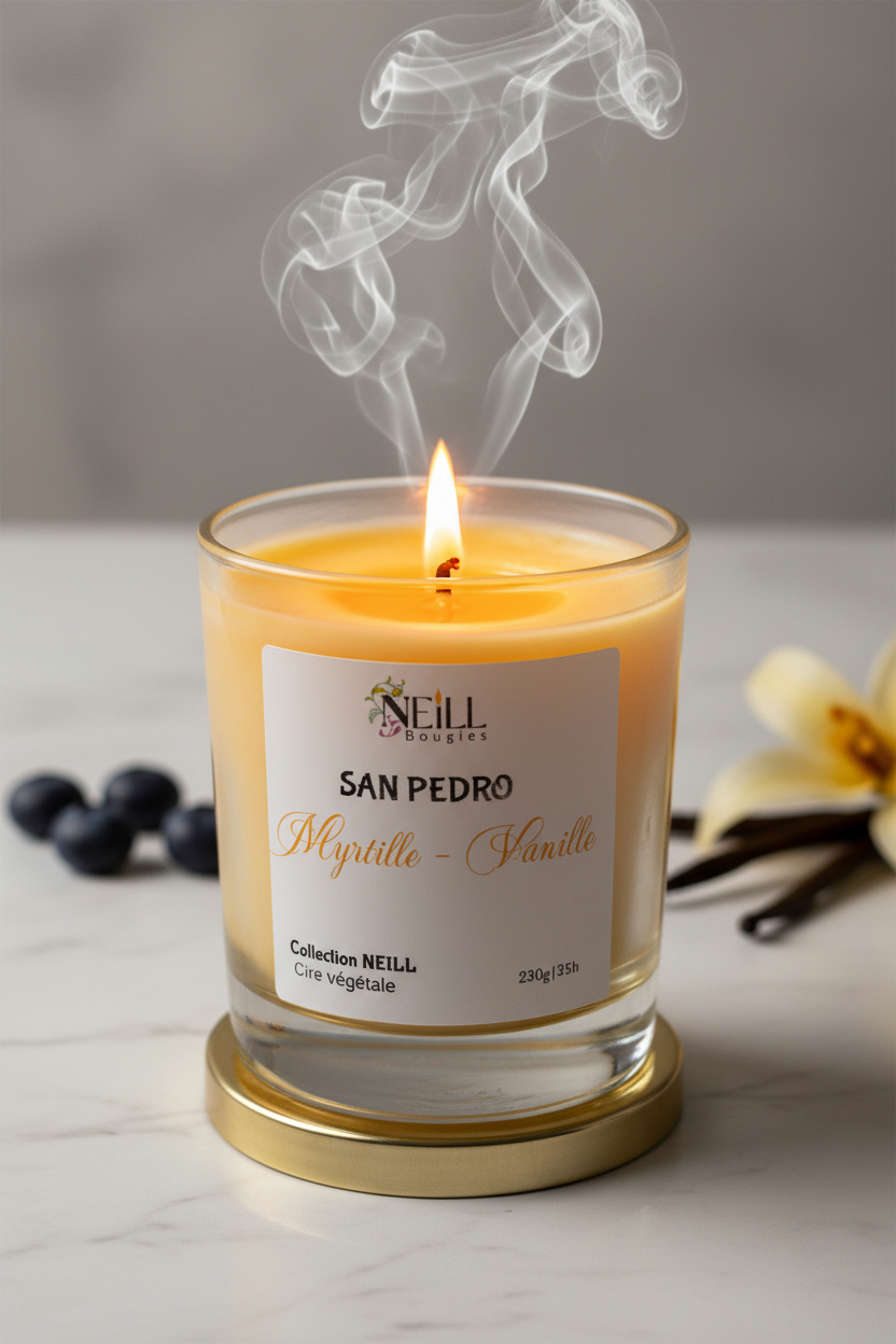 Bougie Artisanale parfumée à la Myrtille et Vanille -230g-Cire de Soja et Coco/Décor Marbrée Orange