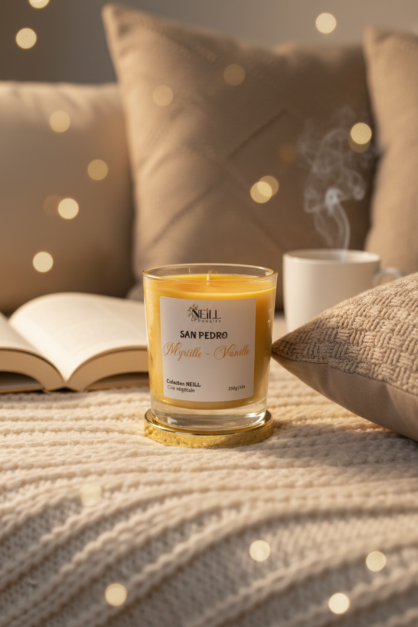 Bougie Artisanale parfumée à la Myrtille et Vanille -230g-Cire de Soja et Coco/Décor Marbrée Orange