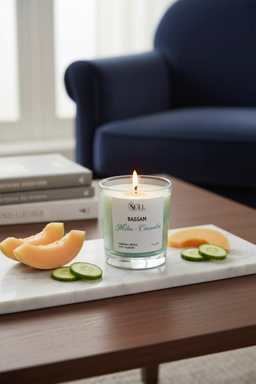 Bougie Artisanale Parfumée au Melon et Concombre -230g-Cire de Soja et Coco/ Décor Marbrée vert