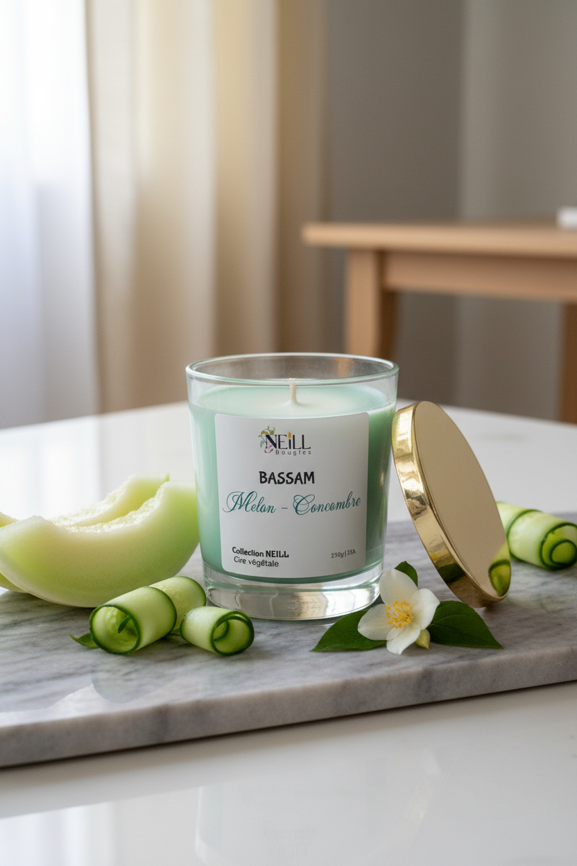 Bougie Artisanale Parfumée au Melon et Concombre -230g-Cire de Soja et Coco/ Décor Marbrée vert