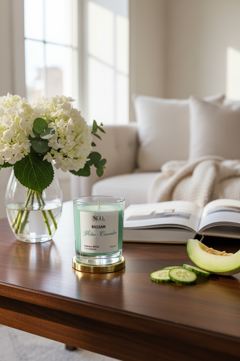 Bougie Artisanale Parfumée au Melon et Concombre -230g-Cire de Soja et Coco/ Décor Marbrée vert