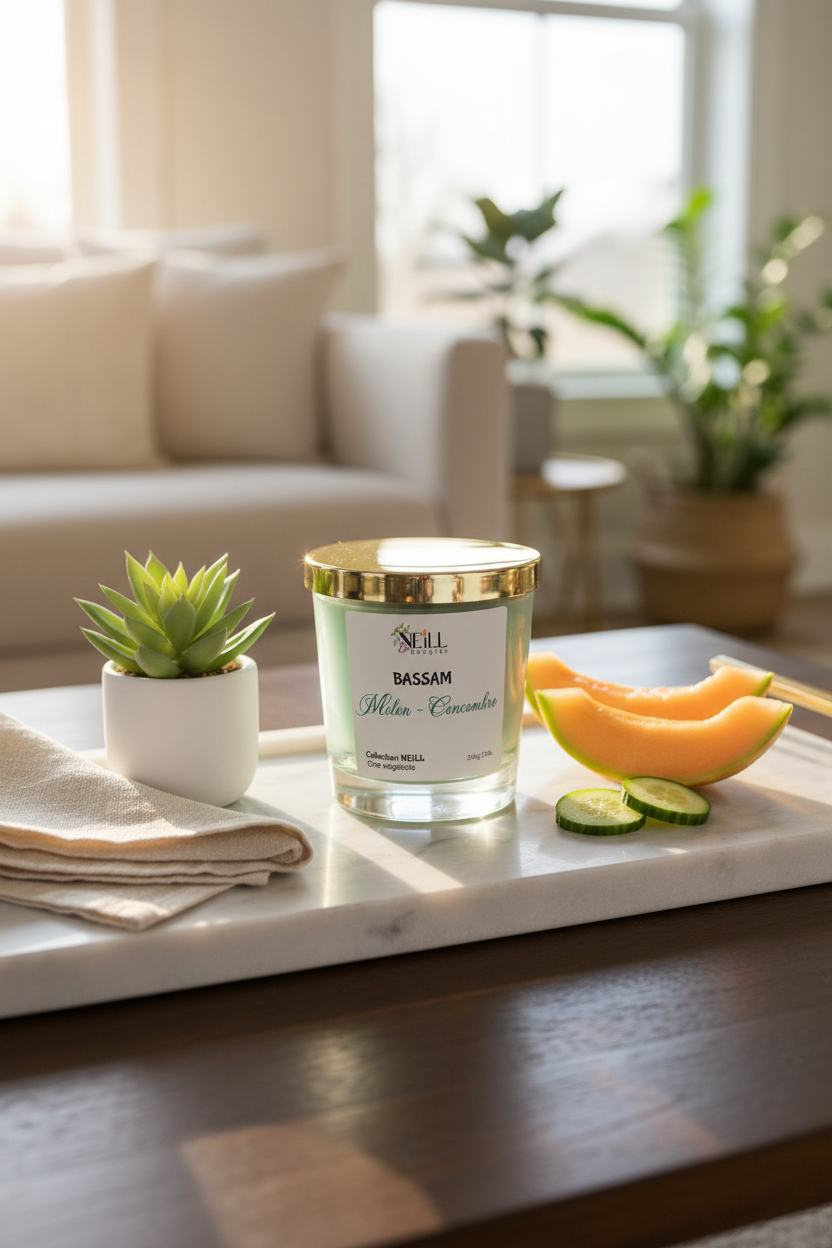 Bougie Artisanale Parfumée au Melon et Concombre -230g-Cire de Soja et Coco/ Décor Marbrée vert