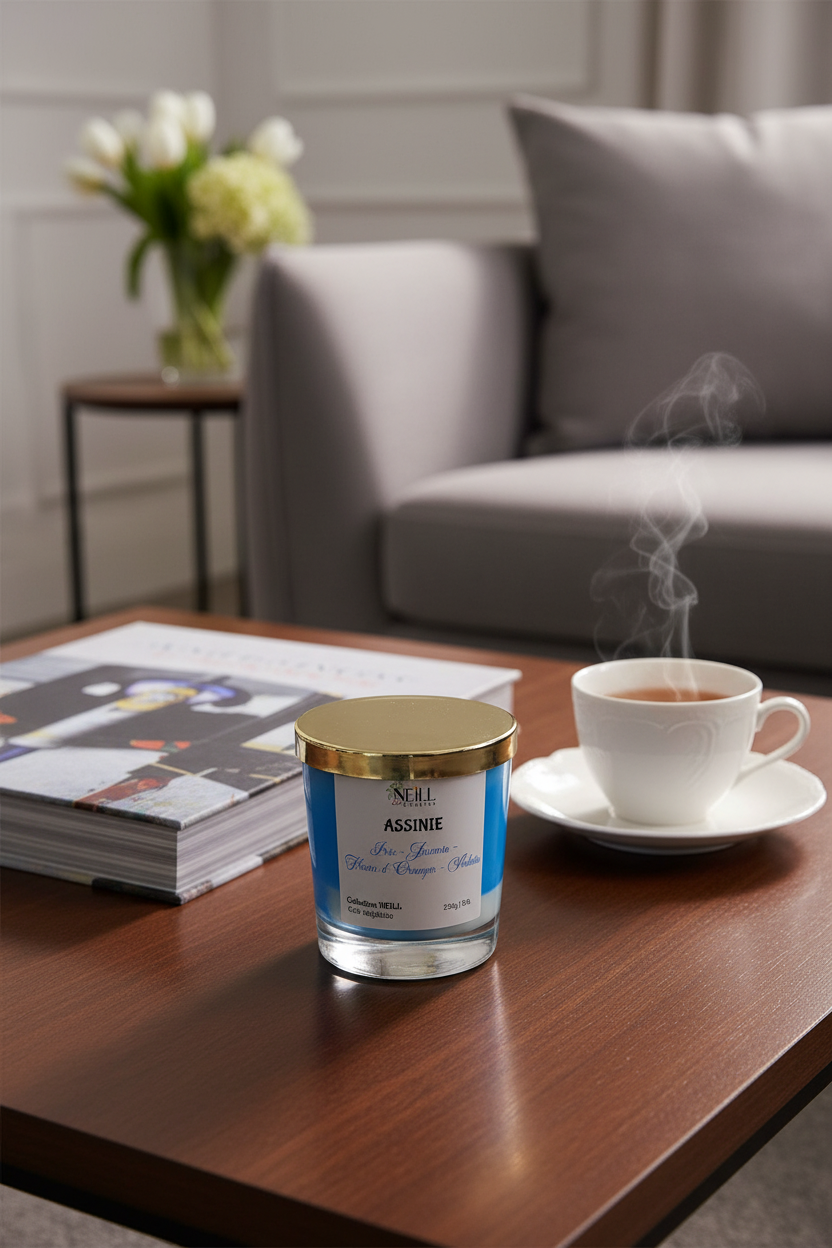 Bougie Artisanale Parfumée à l’Iris~Jasmin~Fleur d’Oranger~Violette -230g-Cire de Soja et Coco /Décor Marbrée Bleu