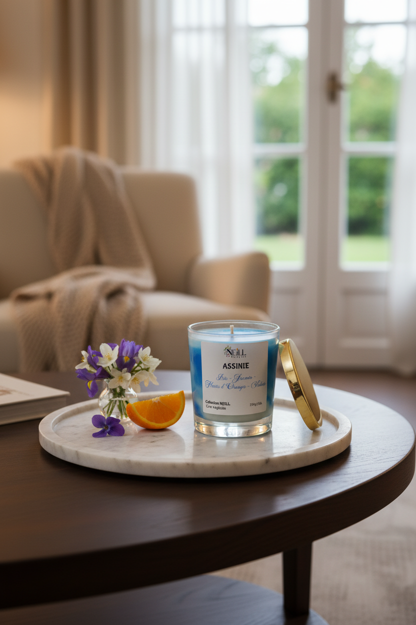 Bougie Artisanale Parfumée à l’Iris~Jasmin~Fleur d’Oranger~Violette -230g-Cire de Soja et Coco /Décor Marbrée Bleu