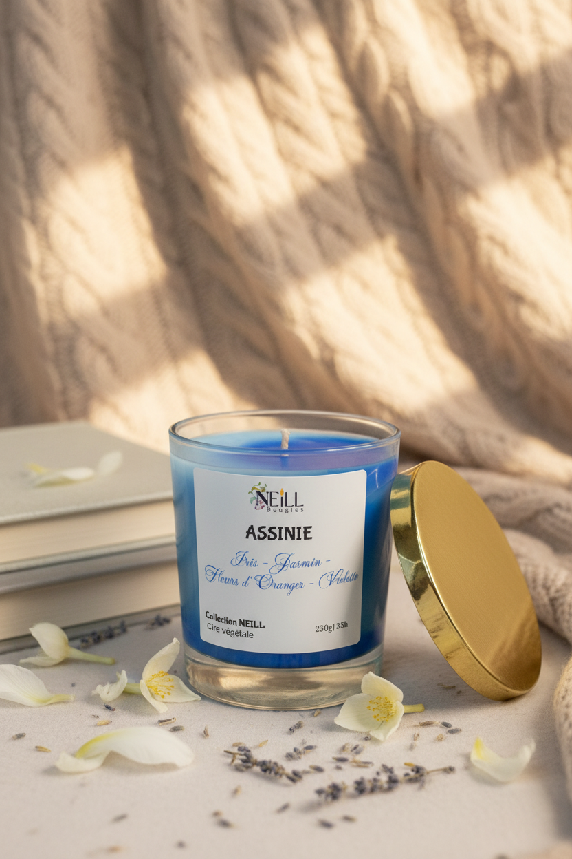 Bougie Artisanale Parfumée à l’Iris~Jasmin~Fleur d’Oranger~Violette -230g-Cire de Soja et Coco /Décor Marbrée Bleu