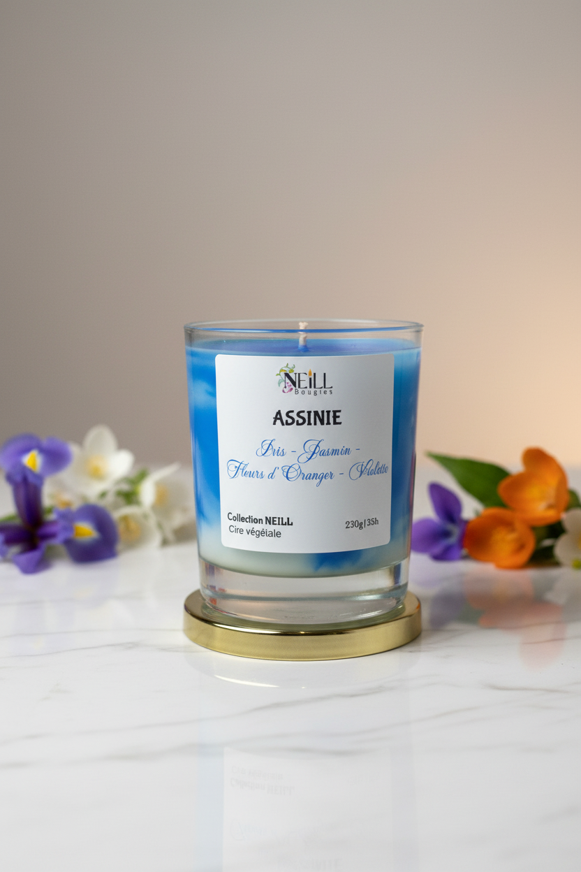 Bougie Artisanale Parfumée à l’Iris~Jasmin~Fleur d’Oranger~Violette -230g-Cire de Soja et Coco /Décor Marbrée Bleu