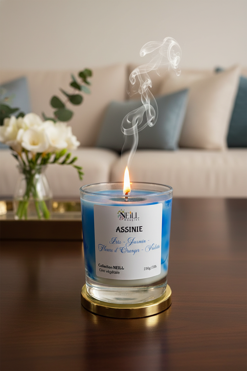 Bougie Artisanale Parfumée à l’Iris~Jasmin~Fleur d’Oranger~Violette -230g-Cire de Soja et Coco /Décor Marbrée Bleu