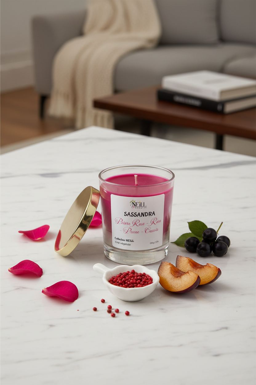 Bougie Artisanale Parfumée au Poivre de Rose~Rose~Prune~Cassis -230g-Cire de Soja et Coco/Decor