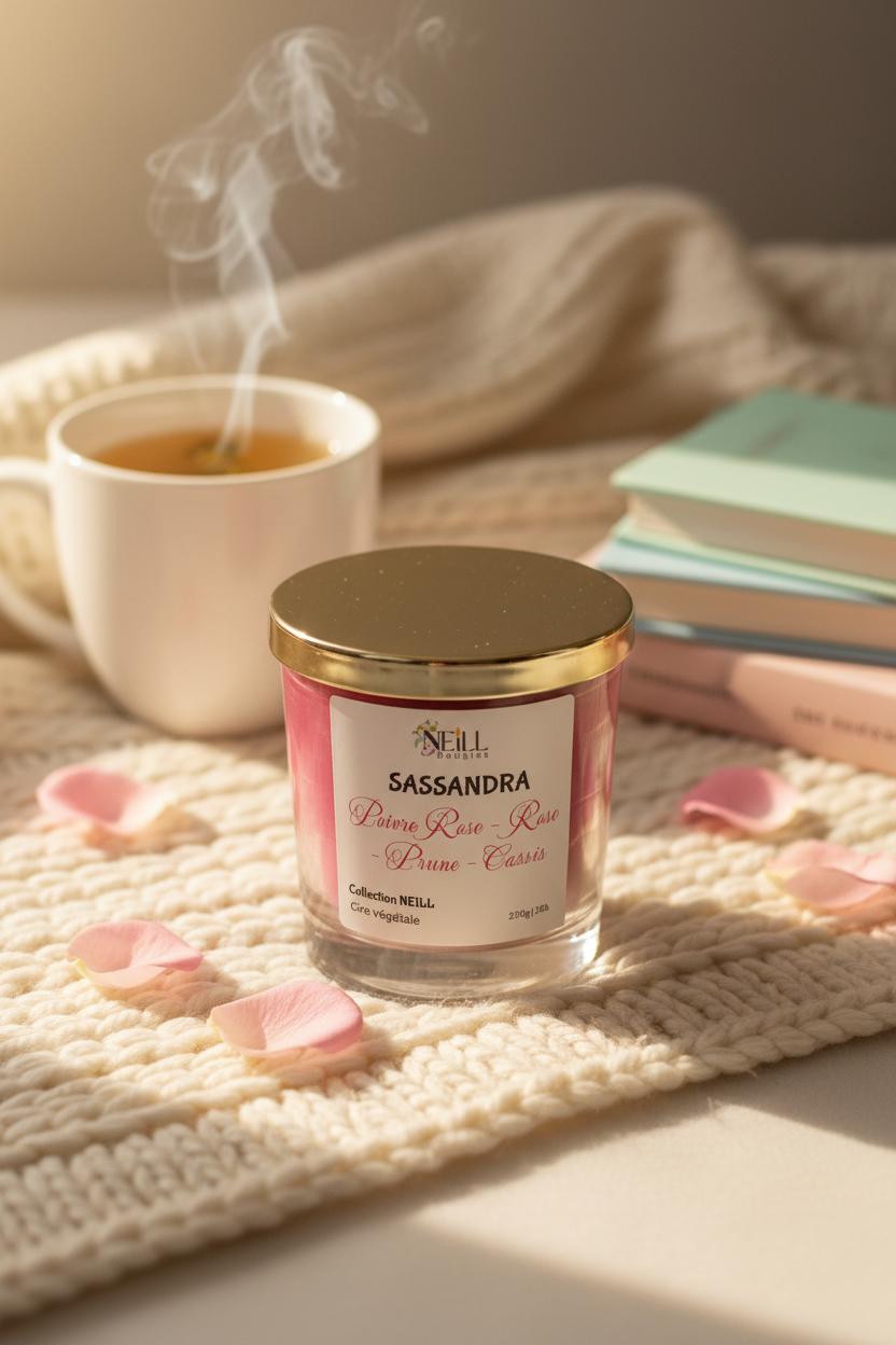 Bougie Artisanale Parfumée au Poivre de Rose~Rose~Prune~Cassis -230g-Cire de Soja et Coco/Decor