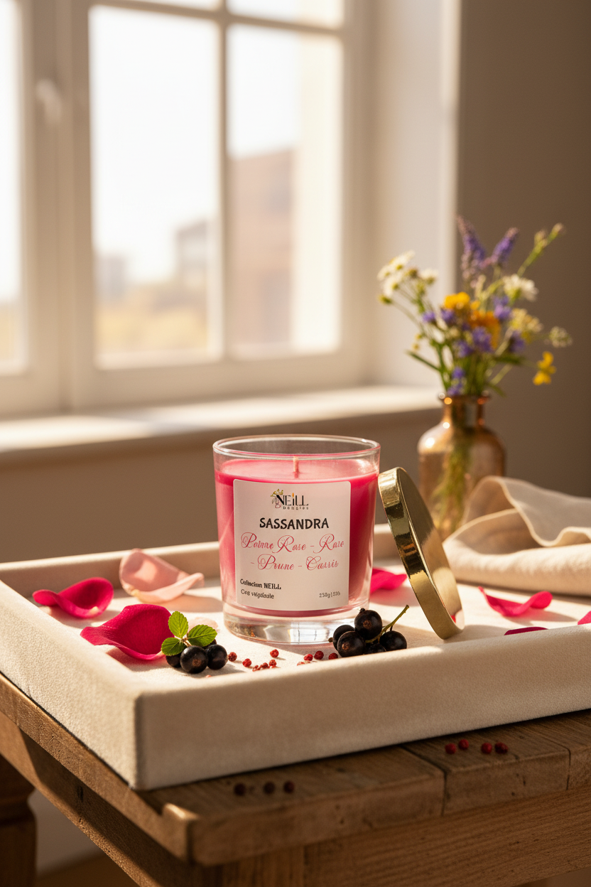 Bougie Artisanale Parfumée au Poivre de Rose~Rose~Prune~Cassis -230g-Cire de Soja et Coco/Decor