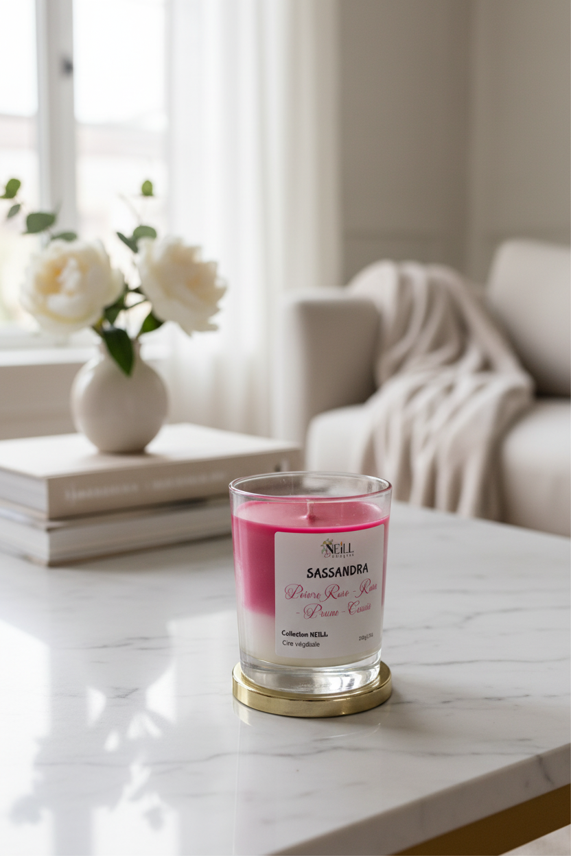 Bougie Artisanale Parfumée au Poivre de Rose~Rose~Prune~Cassis -230g-Cire de Soja et Coco/Decor