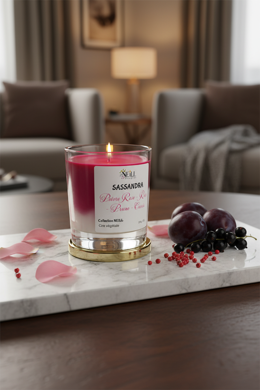 Bougie Artisanale Parfumée au Poivre de Rose~Rose~Prune~Cassis -230g-Cire de Soja et Coco/Decor