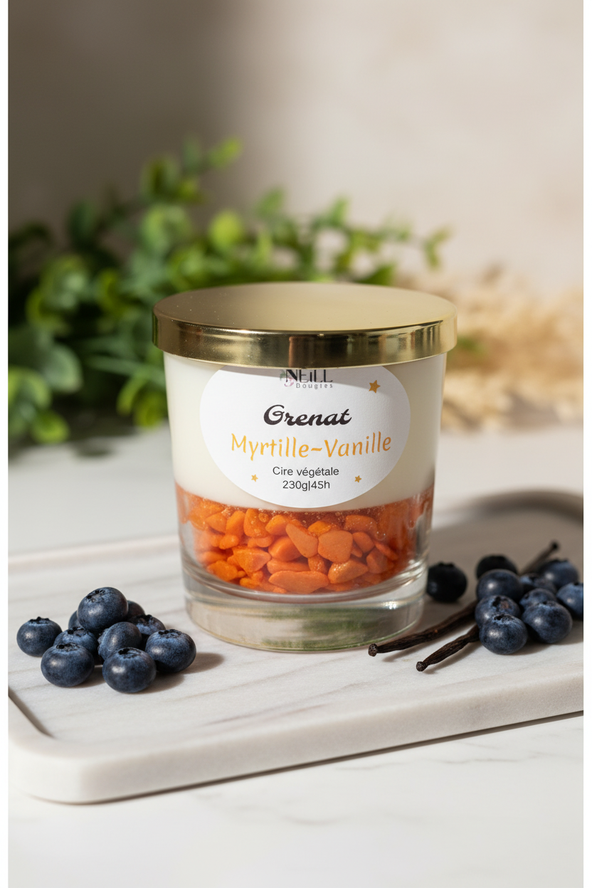 Bougie Artisanale Parfumée à la Myrtille et Vanille -210g-Cire de Soja et Coco/ Décor Pierres Oranges
