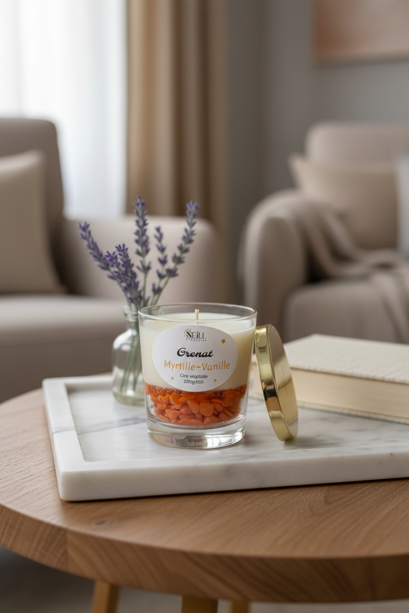 Bougie Artisanale Parfumée à la Myrtille et Vanille -210g-Cire de Soja et Coco/ Décor Pierres Oranges