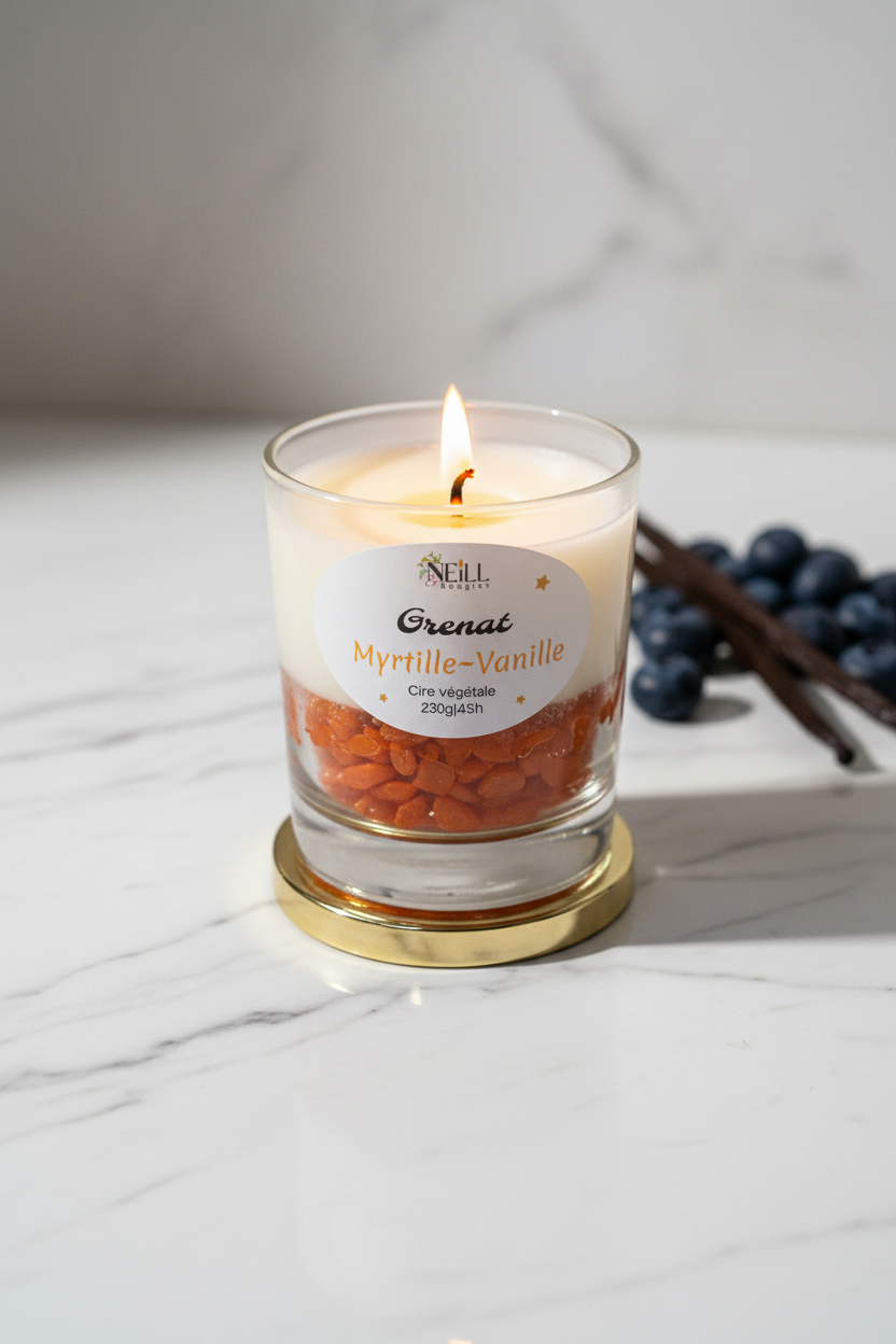 Bougie Artisanale Parfumée à la Myrtille et Vanille -210g-Cire de Soja et Coco/ Décor Pierres Oranges