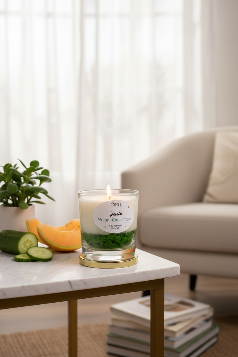 Bougie Artisanale Parfumée au Melon et Concombre -210g-Cire de Soja Coco/Décor Pierres vertes