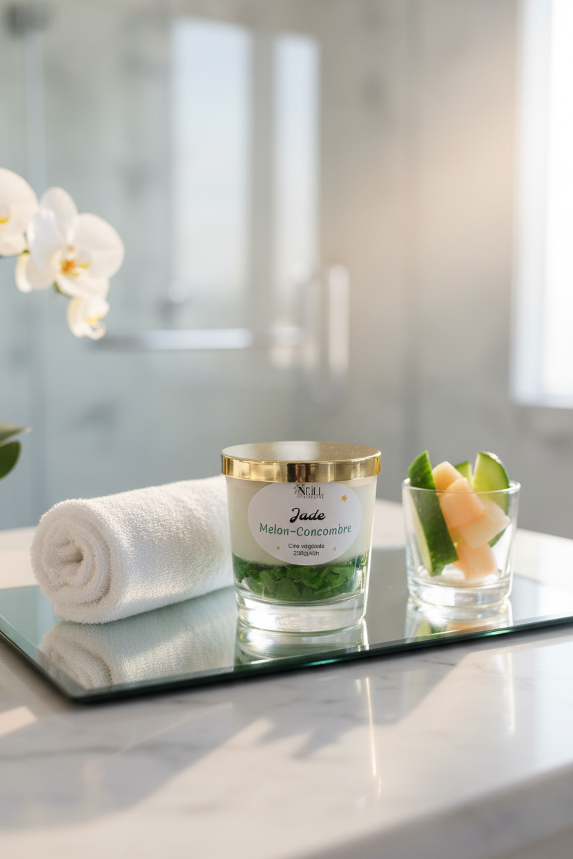 Bougie Artisanale Parfumée au Melon et Concombre -210g-Cire de Soja Coco/Décor Pierres vertes