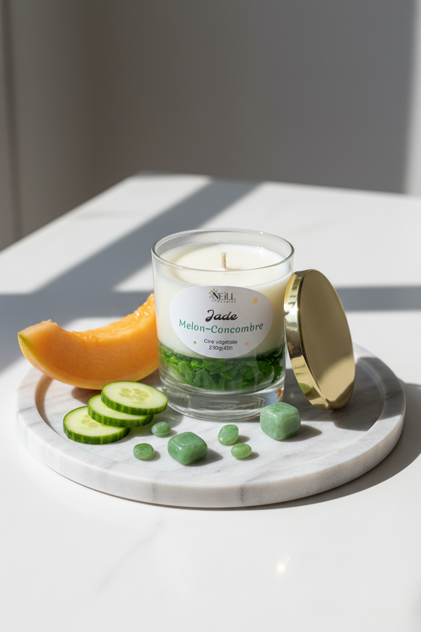 Bougie Artisanale Parfumée au Melon et Concombre -210g-Cire de Soja Coco/Décor Pierres vertes