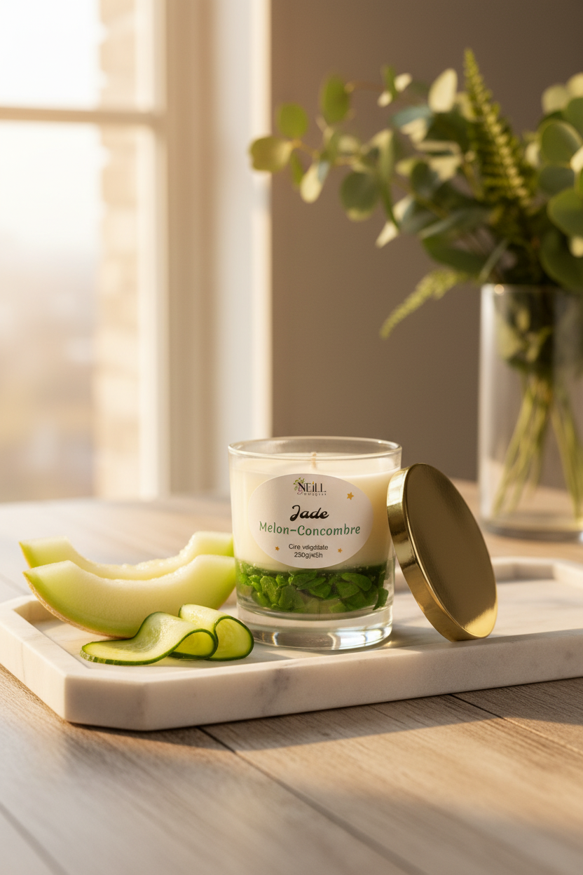 Bougie Artisanale Parfumée au Melon et Concombre -210g-Cire de Soja Coco/Décor Pierres vertes