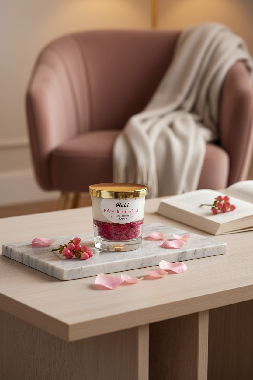 Bougie Artisanale Parfumée au Poivre de Rose~Rose~Prune ~Cassis -210g- Cire de Soja et Coco/ Décor Pierres Roses