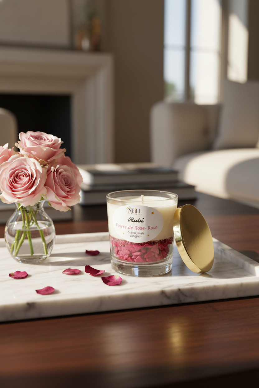 Bougie Artisanale Parfumée au Poivre de Rose~Rose~Prune ~Cassis -210g- Cire de Soja et Coco/ Décor Pierres Roses