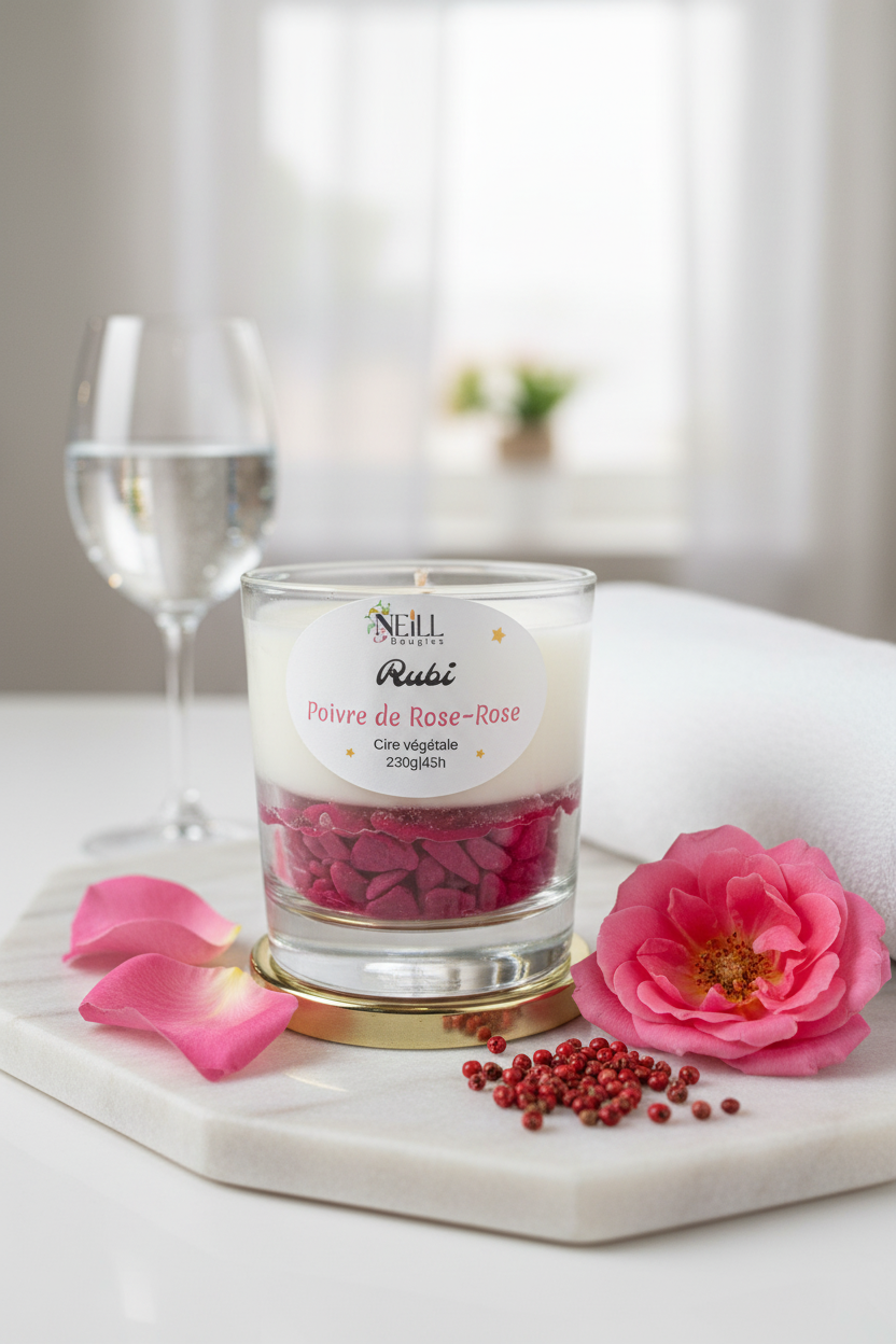 Bougie Artisanale Parfumée au Poivre de Rose~Rose~Prune ~Cassis -210g- Cire de Soja et Coco/ Décor Pierres Roses