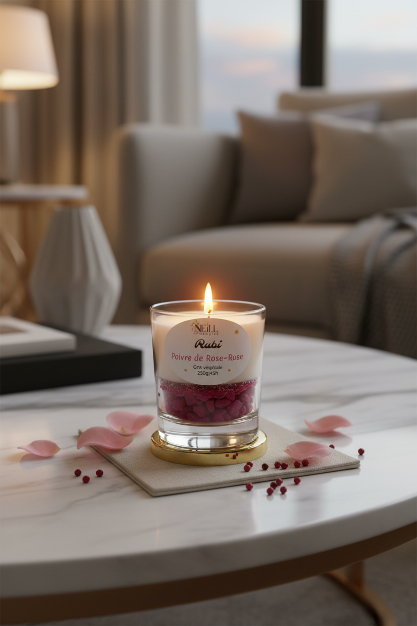 Bougie Artisanale Parfumée au Poivre de Rose~Rose~Prune ~Cassis -210g- Cire de Soja et Coco/ Décor Pierres Roses