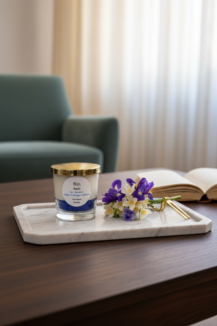 Bougie Artisanale Parfumée à l’Iris~Jasmin ~Fleur d’Oranger et Violette -210g- Cire de Soja et Coco/ Décor Pierres Bleues