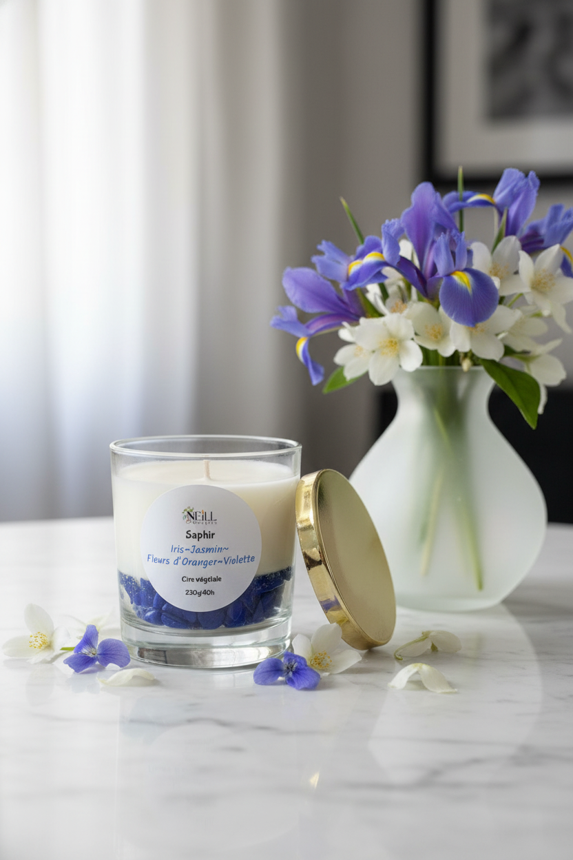 Bougie Artisanale Parfumée à l’Iris~Jasmin ~Fleur d’Oranger et Violette -210g- Cire de Soja et Coco/ Décor Pierres Bleues