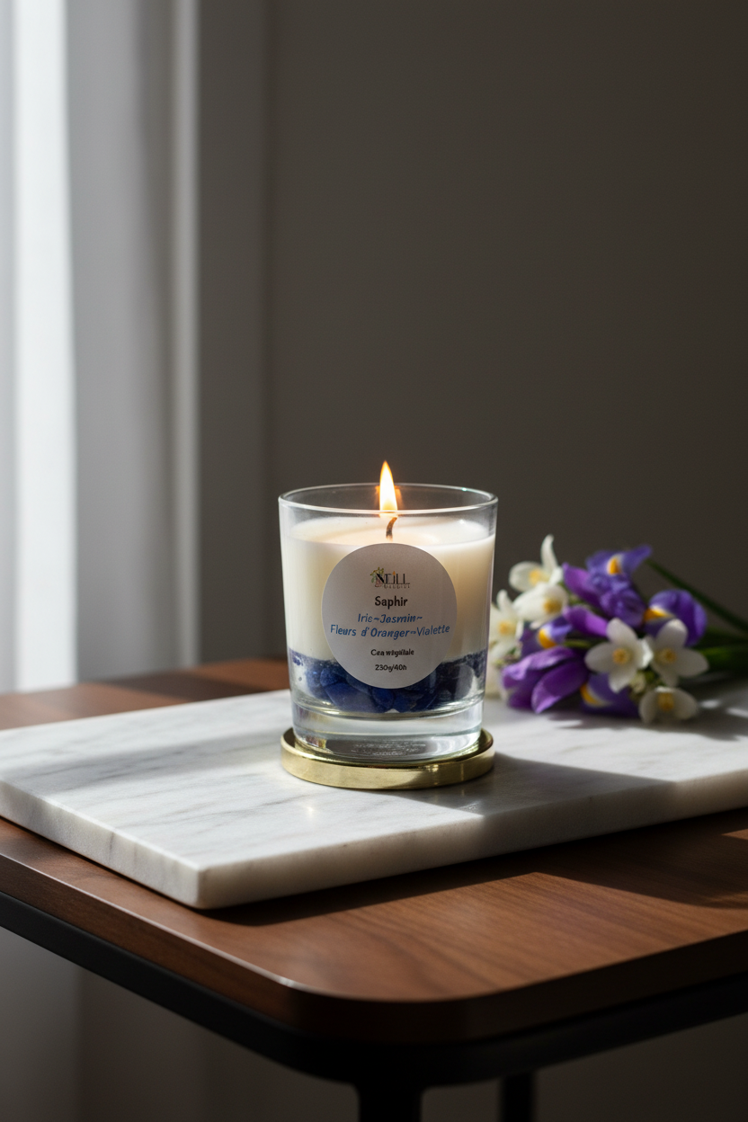 Bougie Artisanale Parfumée à l’Iris~Jasmin ~Fleur d’Oranger et Violette -210g- Cire de Soja et Coco/ Décor Pierres Bleues