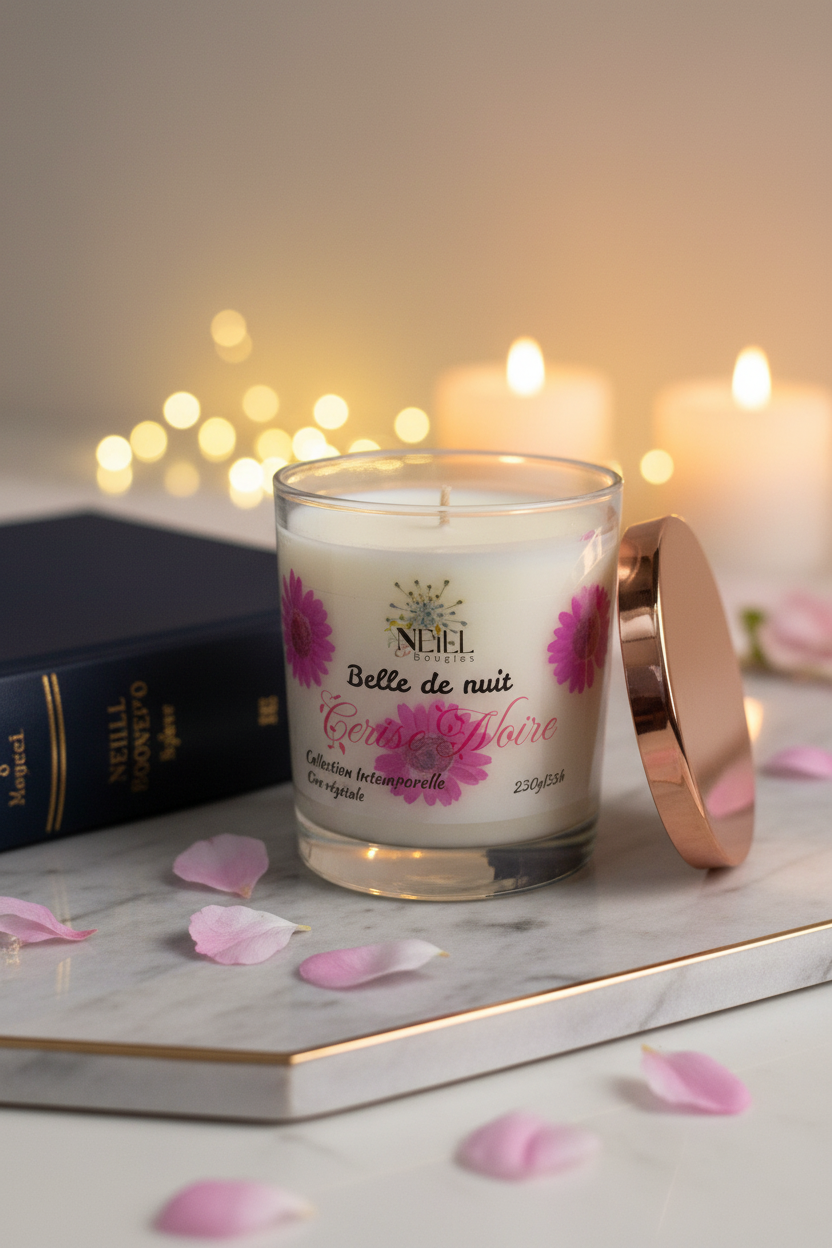 Bougie Artisanale Parfumée à la Cerise Noire -240g- Cire de Soja et Coco/ Décor Fleurs Séchées Roses