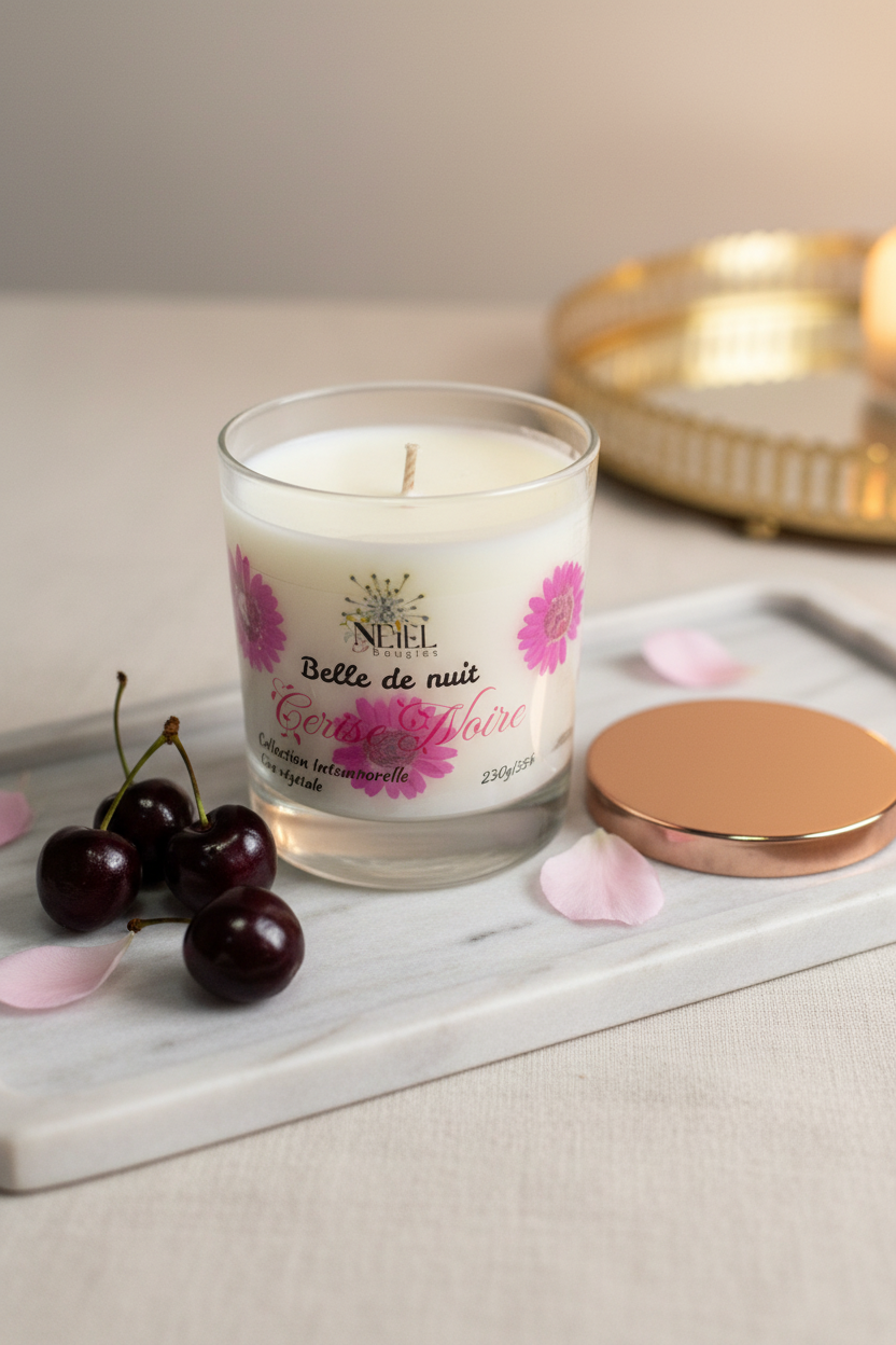 Bougie Artisanale Parfumée à la Cerise Noire -240g- Cire de Soja et Coco/ Décor Fleurs Séchées Roses