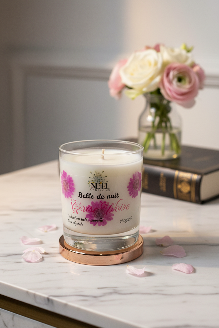 Bougie Artisanale Parfumée à la Cerise Noire -240g- Cire de Soja et Coco/ Décor Fleurs Séchées Roses