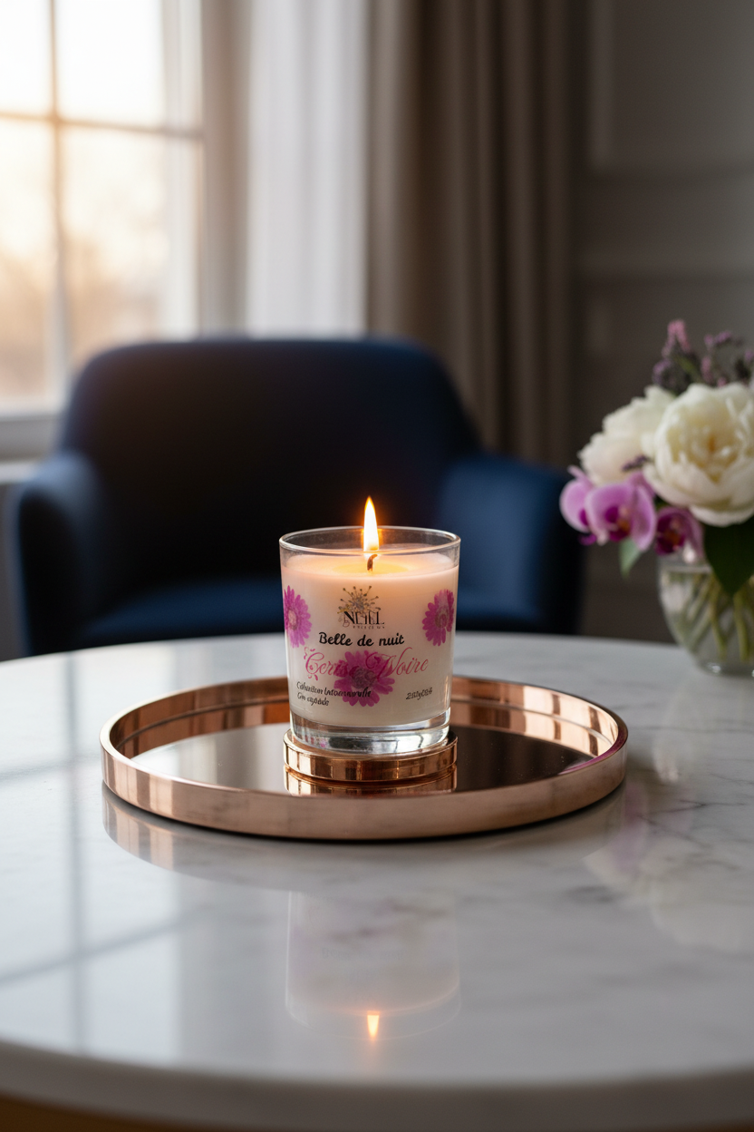 Bougie Artisanale Parfumée à la Cerise Noire -240g- Cire de Soja et Coco/ Décor Fleurs Séchées Roses