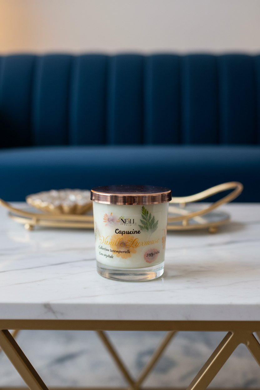 Bougie Artisanale Parfumée à la Myrtille et Vanille -230g-Cire Soja et Coco/ Décor Fleurs Séchées Oranges