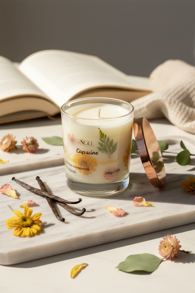 Bougie Artisanale Parfumée à la Myrtille et Vanille -230g-Cire Soja et Coco/ Décor Fleurs Séchées Oranges