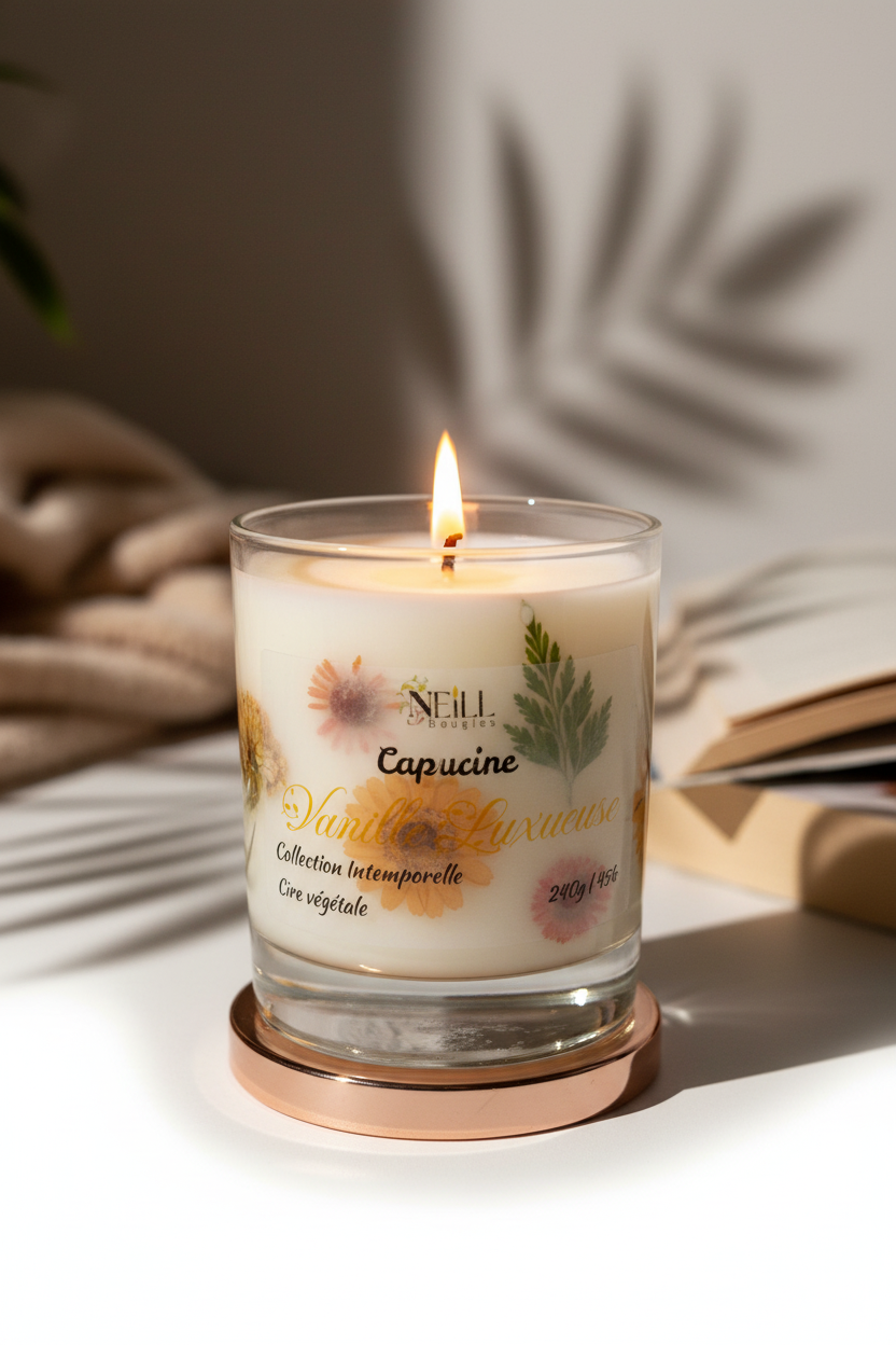 Bougie Artisanale Parfumée à la Myrtille et Vanille -230g-Cire Soja et Coco/ Décor Fleurs Séchées Oranges