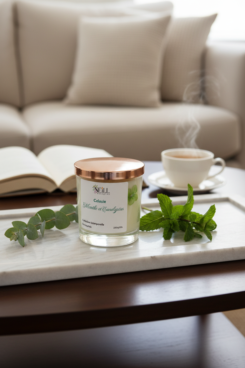 Bougie Parfumée à la Menthe et Eucalyptus -230g-Cire de Soja et Coco/ Décor Fleurs Séchées vertes.