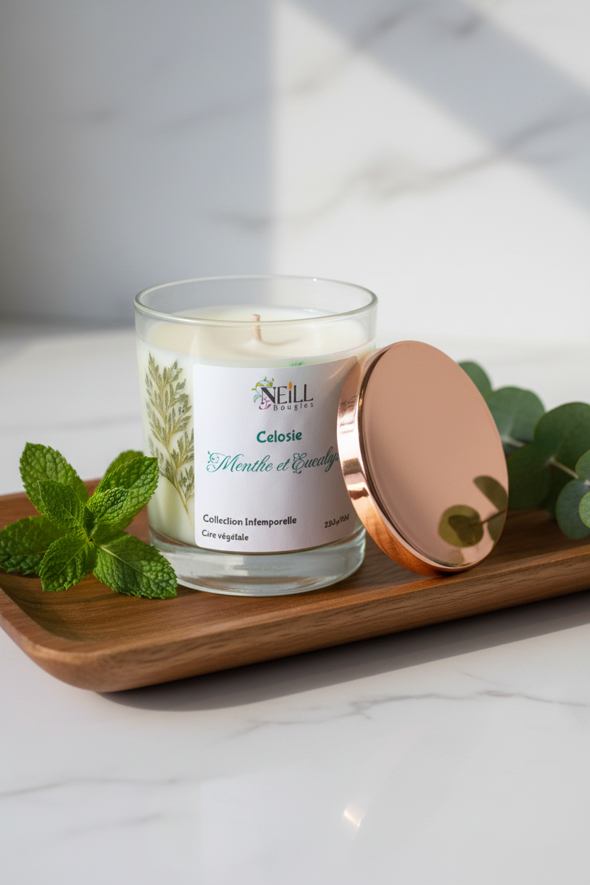 Bougie Artisanale Parfumée à la Menthe et Eucalyptus -230g-Cire de Soja et Coco/ Décor Fleurs Séchées vertes.