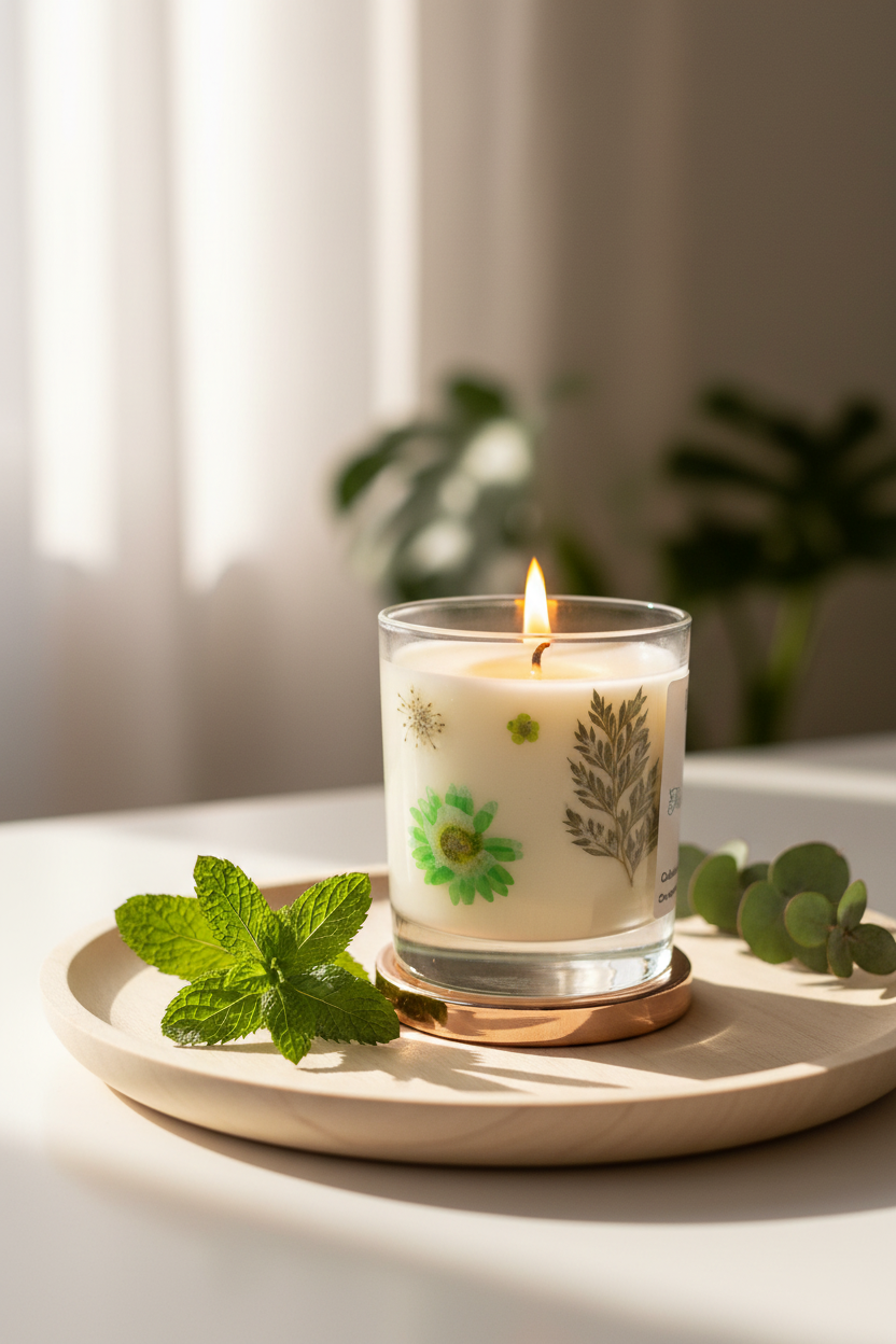 Bougie Artisanale Parfumée à la Menthe et Eucalyptus -230g-Cire de Soja et Coco/ Décor Fleurs Séchées vertes.